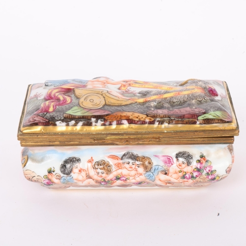 259 - A 19th century Capodimonte porcelain box, hand painted relief moulded Classical scenes, with gilt-me... 