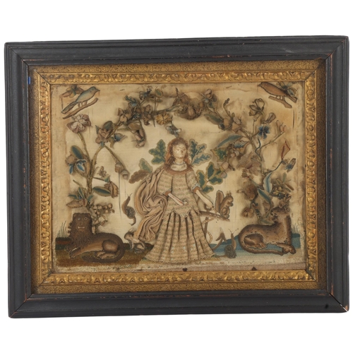 A rare Charles II Period stumpwork embroidered picture, circa 1680, depicting a woman in woodland flanked by a lion and leopard and various wildlife, framed and glazed, overall 35cm x 43cm