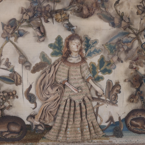 260 - A rare Charles II Period stumpwork embroidered picture, circa 1680, depicting a woman in woodland fl... 