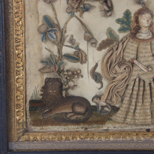260 - A rare Charles II Period stumpwork embroidered picture, circa 1680, depicting a woman in woodland fl... 