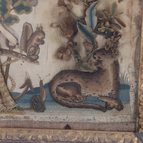260 - A rare Charles II Period stumpwork embroidered picture, circa 1680, depicting a woman in woodland fl... 