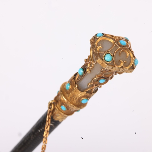 265 - A fine Victorian unmarked gold agate and turquoise handled lady's riding whip, with gold box link ch... 