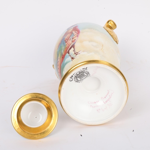 276 - A Caverswall porcelain urn, hand painted Chinese pheasant design by Roger Shufflebottom, height 26cm