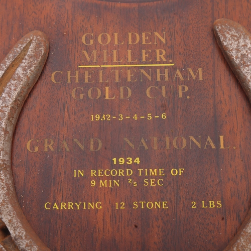279 - HORSE RACING INTEREST - a Vintage iron horseshoe mounted on wooden shield inscribed 