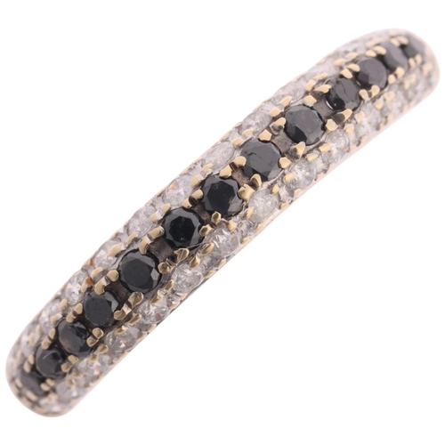 1195 - A 9ct gold black diamond and diamond half eternity band ring, pave set with modern round brilliant-c... 