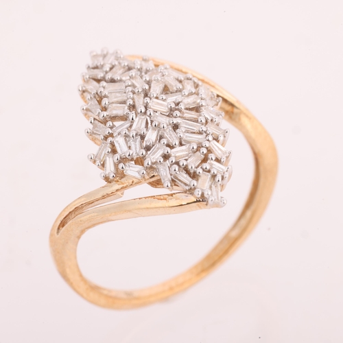 A 9ct gold diamond cluster crossover ring, TJC, set with baguette-cut ...