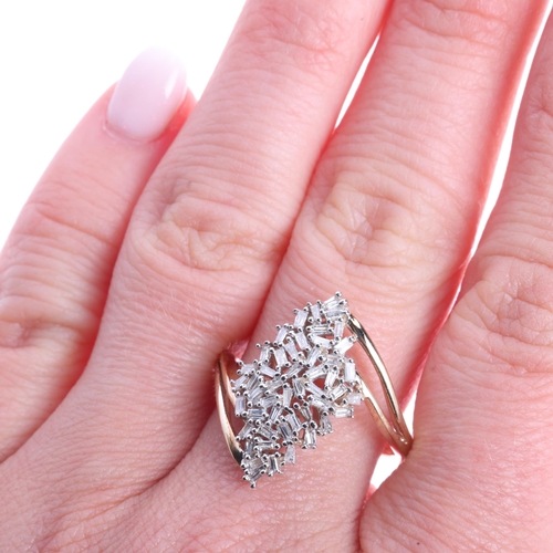 A 9ct gold diamond cluster crossover ring, TJC, set with baguette-cut ...