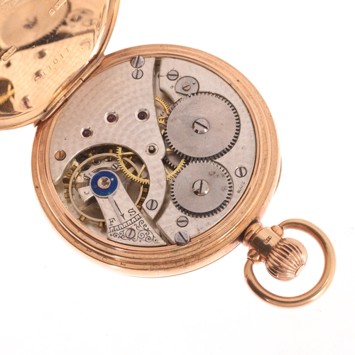 1020 - An early 20th century 9ct rose gold open-face keyless pocket watch, white enamel dial with black Rom... 
