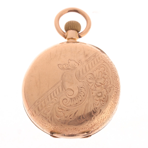 1022 - An early 20th century Swiss 14ct rose gold open-face keyless fob watch, gilt chased floral dial, wit... 