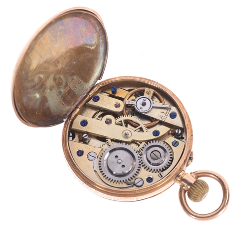 1022 - An early 20th century Swiss 14ct rose gold open-face keyless fob watch, gilt chased floral dial, wit... 