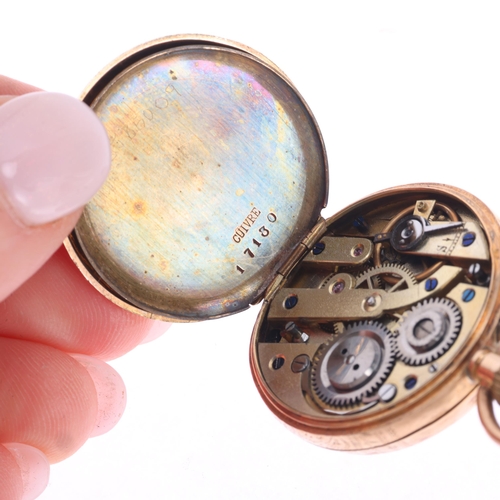 1022 - An early 20th century Swiss 14ct rose gold open-face keyless fob watch, gilt chased floral dial, wit... 