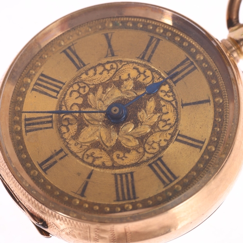 1022 - An early 20th century Swiss 14ct rose gold open-face keyless fob watch, gilt chased floral dial, wit... 