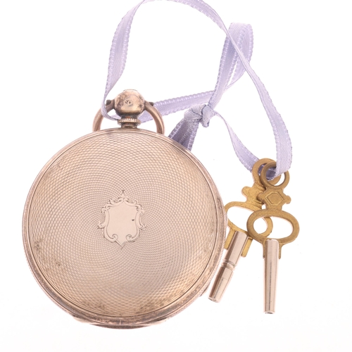 1027 - A mid-19th century silver open-face key-wind pocket watch, Dobell of Yeovil, silvered chased floral ... 