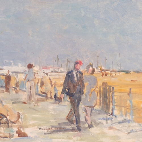 505 - Figures on a promenade, mid-20th century oil on board, unsigned, 37cm x 54cm, framed