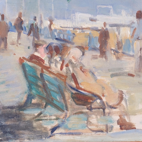 505 - Figures on a promenade, mid-20th century oil on board, unsigned, 37cm x 54cm, framed