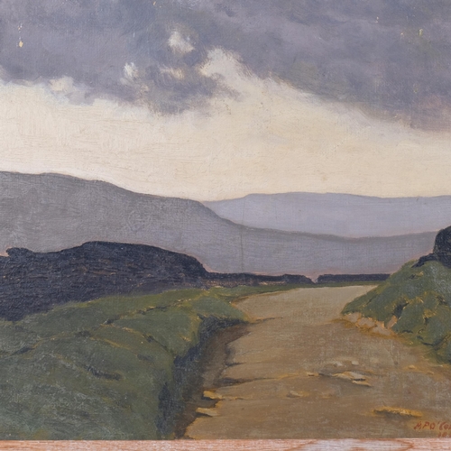 510 - A P O'Connor, Irish country lane, oil on board, indistinct date 1933?, 39cm x 32cm, framed