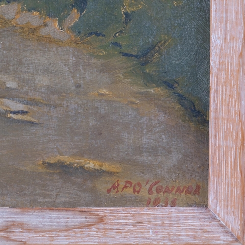 510 - A P O'Connor, Irish country lane, oil on board, indistinct date 1933?, 39cm x 32cm, framed