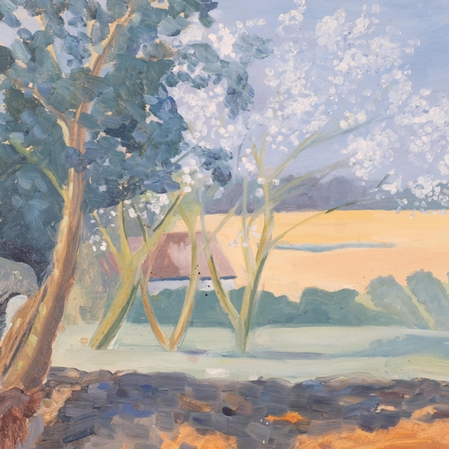 513 - Farm landscape, mid-20th century oil on board, signed with monogram SH, 45cm x 60cm, framed