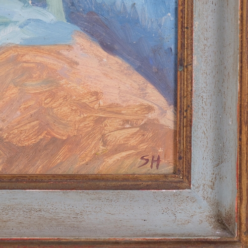 513 - Farm landscape, mid-20th century oil on board, signed with monogram SH, 45cm x 60cm, framed