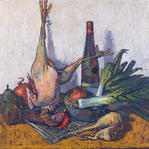 514 - Edward Morss (1906 - 1994), kitchen still life, oil on board, 75cm x 90cm, framed