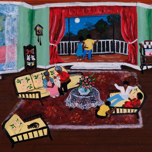 523 - Caribbean interior scene, mid to late 20th century oil on board, indistinctly signed, 37cm x 60cm, f... 