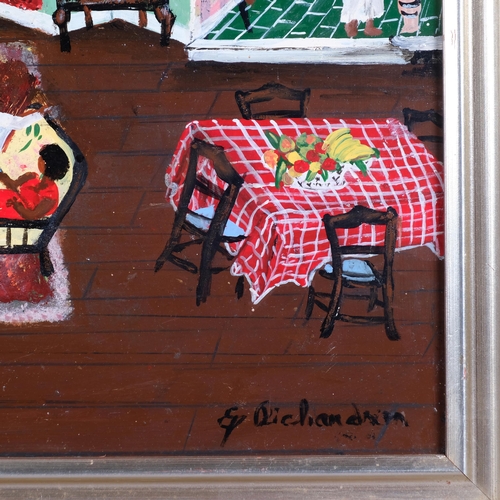 523 - Caribbean interior scene, mid to late 20th century oil on board, indistinctly signed, 37cm x 60cm, f... 
