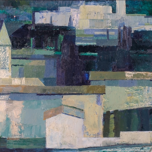524 - Peter Berrisford (1932 - 2003), abstract buildings, oil on board, 43cm x 80cm, aluminium frame