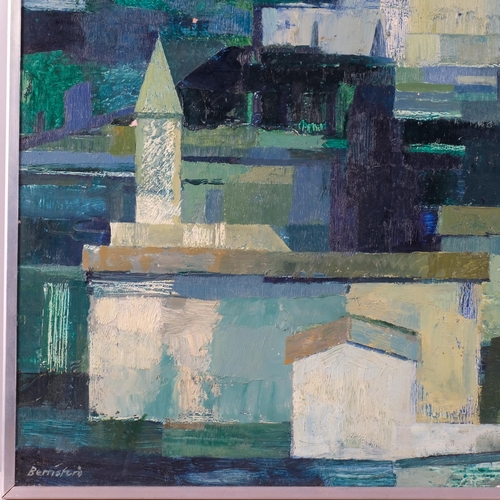 524 - Peter Berrisford (1932 - 2003), abstract buildings, oil on board, 43cm x 80cm, aluminium frame