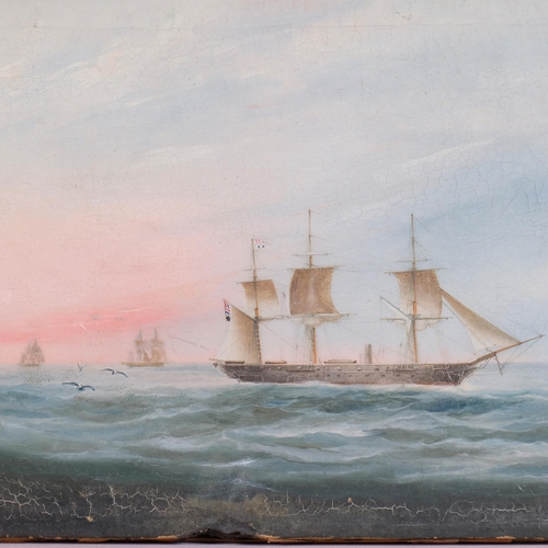 530 - 19th century marine oil on canvas, HMS Highflyer and gun boats on passage to China, 30cm x 52cm, unf... 