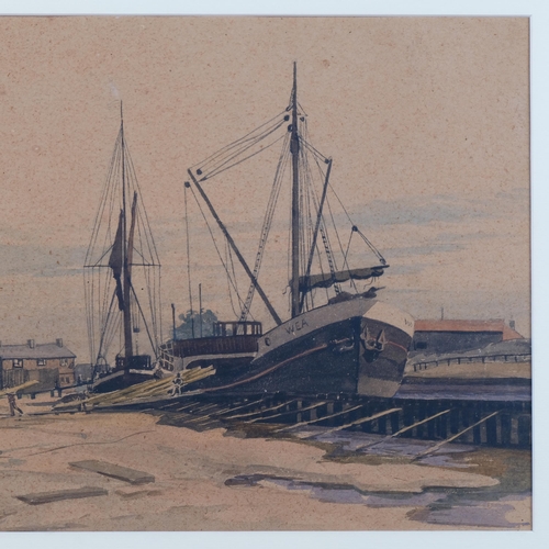 534 - F Buckhurst, scene in Rye harbour, 1936, watercolour on brown paper, 26cm x 36cm, framed