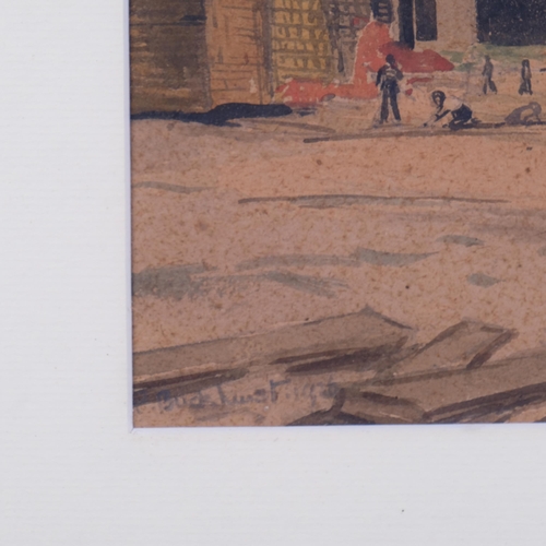 534 - F Buckhurst, scene in Rye harbour, 1936, watercolour on brown paper, 26cm x 36cm, framed