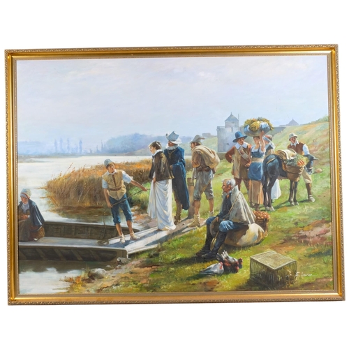E Lawson, Medieval figures boarding a ferry, mid-20th century oil on ...