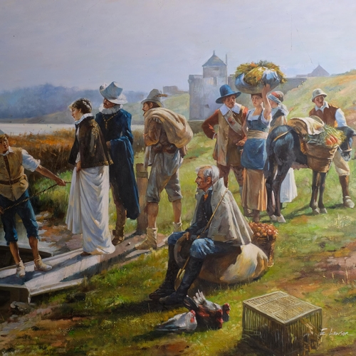 E Lawson, Medieval figures boarding a ferry, mid-20th century oil on ...