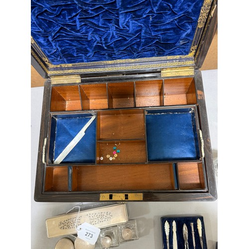 273 - A 19th century rosewood toilet/sewing box, with inlaid brass mother-of-pearl and amboyna marquetry d... 
