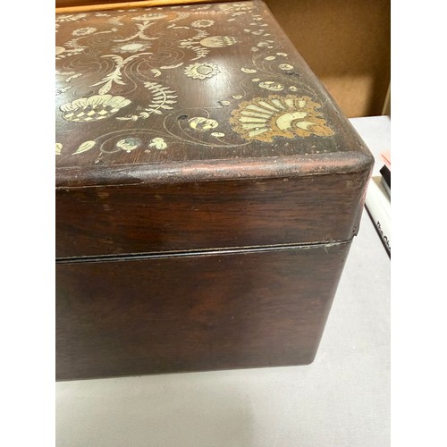 273 - A 19th century rosewood toilet/sewing box, with inlaid brass mother-of-pearl and amboyna marquetry d... 