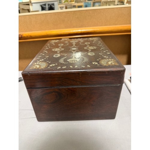 273 - A 19th century rosewood toilet/sewing box, with inlaid brass mother-of-pearl and amboyna marquetry d... 