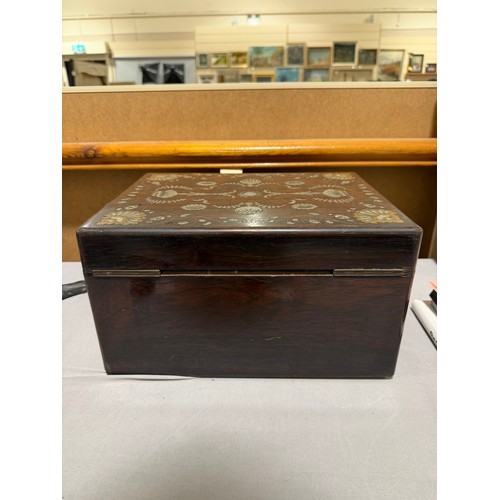 273 - A 19th century rosewood toilet/sewing box, with inlaid brass mother-of-pearl and amboyna marquetry d... 
