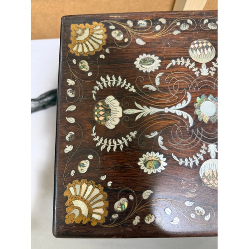 273 - A 19th century rosewood toilet/sewing box, with inlaid brass mother-of-pearl and amboyna marquetry d... 