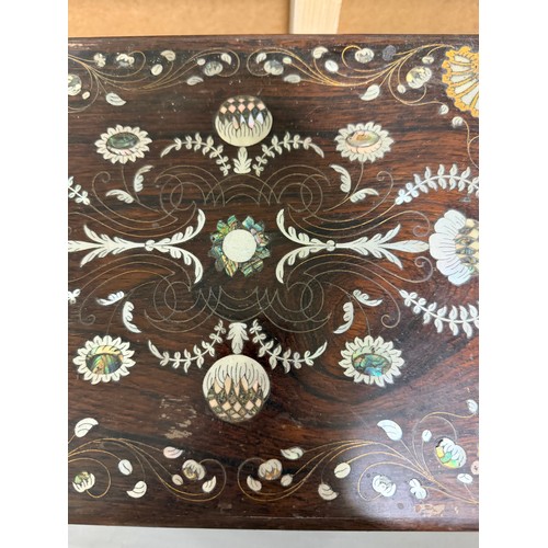 273 - A 19th century rosewood toilet/sewing box, with inlaid brass mother-of-pearl and amboyna marquetry d... 
