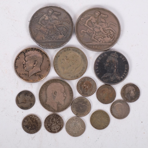 530 - A group of various silver coins, including 2 crowns, 1821 and 1889, an 1887 double florin, a 1905 si... 