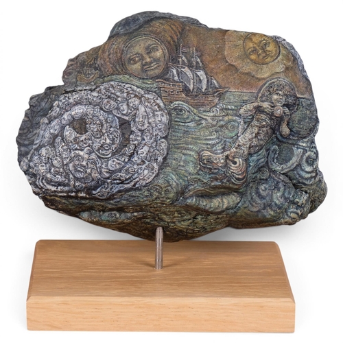 11 - MICHELLE VULAMA, Canada, a hand painted rock, depicting Columbus discovery of the Americas to one si... 