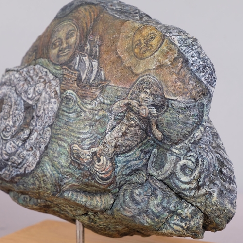 11 - MICHELLE VULAMA, Canada, a hand painted rock, depicting Columbus discovery of the Americas to one si... 