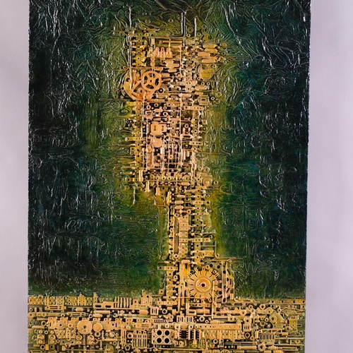 15 - PJ LOVEDAY, a mid-century abstract, mixed media resin/ acrylic on board in relief, signed, 98cm x 46... 