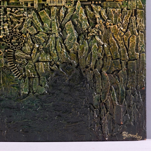15 - PJ LOVEDAY, a mid-century abstract, mixed media resin/ acrylic on board in relief, signed, 98cm x 46... 