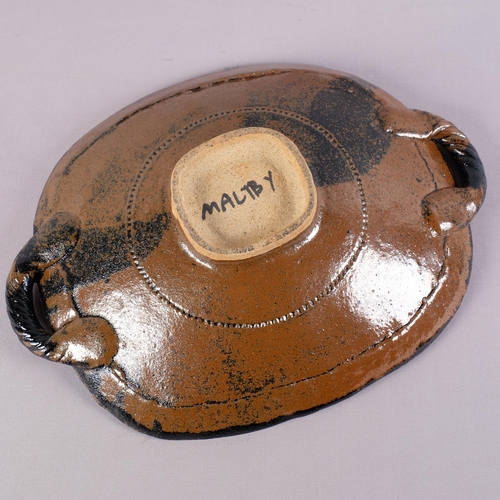 2 - JOHN MALTBY (1936-2020), British,  a stoneware footed centre bowl with handles, hand painted church ... 