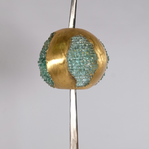 28 - A brutalist steel and bronze shard form standard lamp by KYRIAKOS TSIRANTONIS, the globular bronze a... 