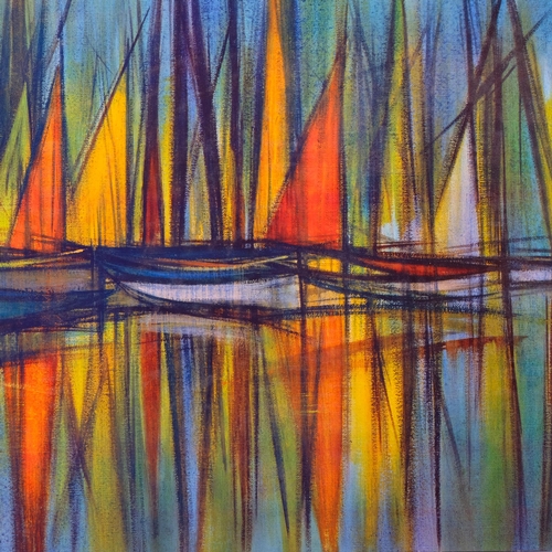 29 - After WILLIAM RUTLEDGE, a mid century abstract print of yachts, 76 x 51cm, unframed