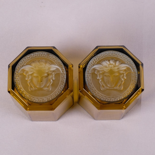 3 - A pair of Versace for Rosenthal Lumiere whiskey tumblers, octagonal olive glass with impressed Versa... 