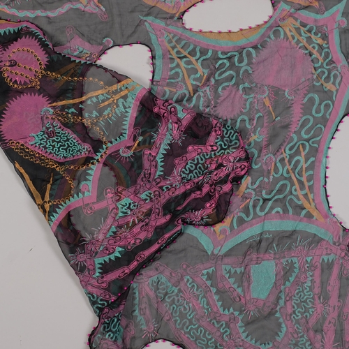 50 - ZANDRA RHODES, a silk screen printed shawl with beaded cut out sections and fringe, 105 x 150cm