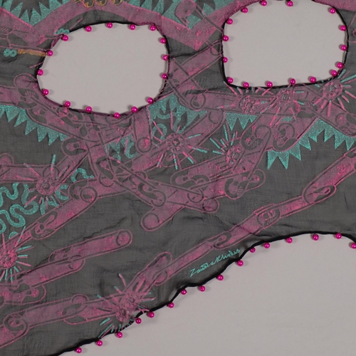 50 - ZANDRA RHODES, a silk screen printed shawl with beaded cut out sections and fringe, 105 x 150cm